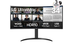 LG monitor UltraWide 34WR55QK-B zakrivljeni USB Type C, 34, UWQHD, VA, 300 cd/m2, HDR10, HDMI, DP, 100Hz, 5ms
