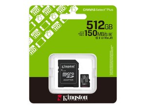 KINGSTON microSD 512GB Class10 Canvas Select Plus 150MBs Read,Class 10 UHS-I