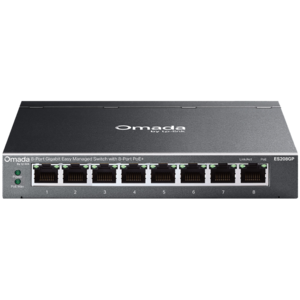 TP-Link ES208GP Omada 8-Port Gigabit Easy Managed Switch with 8-Port PoE+, 8x G PoE+ Ports, 802.3at/af, 64 W PoE Power,  Desktop Steel Case and Fanless,Omada App