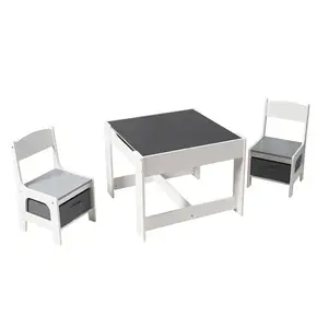 KINDER HOME Dvostrani dječji drveni stol sa 2 stolice bijelo-sivi TF6265