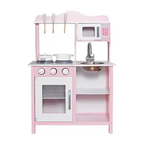 KINDER HOME dječja drvena kuhinja za igru sa dodacima roza V10C404I