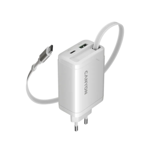 CANYON punjač OnCharge 65RC Build-In Cable USB-C 65W 1xPD 1xQC EU White