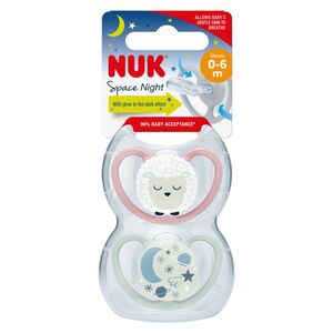 NUK Space noćna duda sa kutijicom 2 kom, rozo/bijelo, 0-6 mj