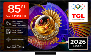 TCL SQD MiniLED televizor 85C7L, 4K Ultra HD, Smart TV, Google TV, 144 Hz (VRR 288 Hz), HDR 2.700 nita, zvučnici Bang & Olufsen, Crni