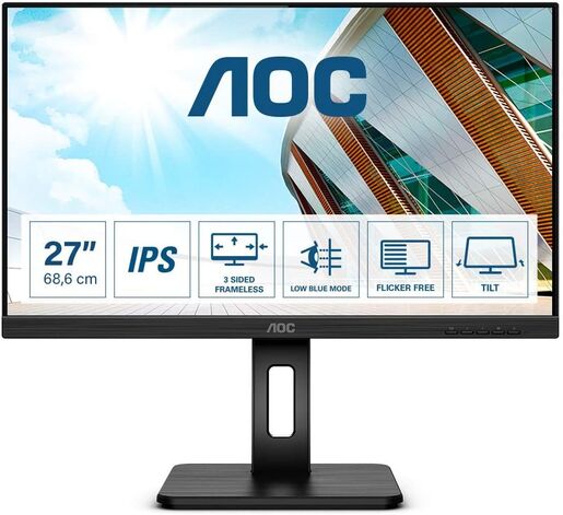 AOC monitor Q27P2Q PRO,QHD 2560x1440, 27 IPS, 300 cd/m2, AdaptiveSync, Zvučnici, USB 3.2, Gen1, VGA, HDMI, DP, DVI, Tilt, Pivot, HAS, Crni, 75Hz, 4ms, 3 godine garancije