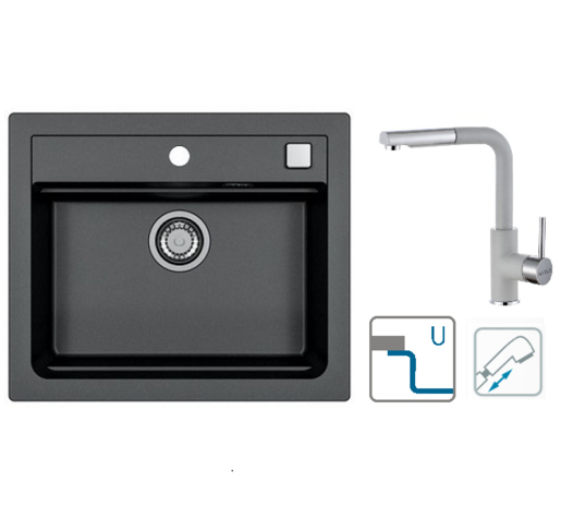 Alveus sudoper Atrox 30 / crni G91 + česma Siros P / siva G81 / podpultna ugradnja (U)