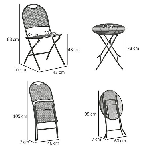 Green Bay metalni balkonski set – 2 stolice + stol, sivi