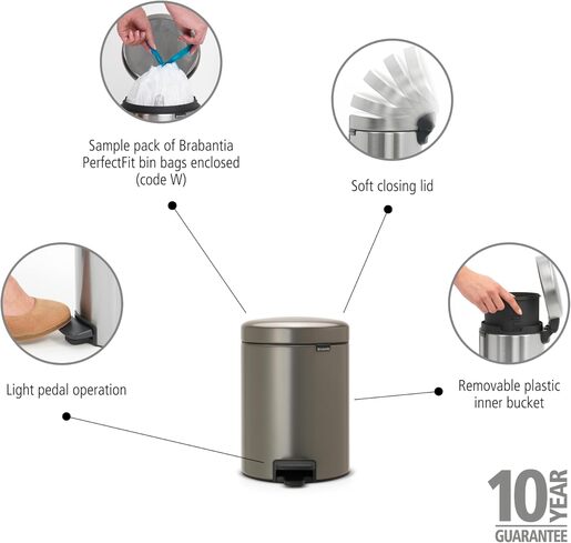 Brabantia Newicon Pedal kanta za smeće 5l, platina 112683