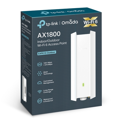 TP-Link EAP610-Outdoor AX1800 Outdoor Dual-Band Wi-Fi 6 Access Point,1× G RJ45 Port,574Mbps at 2.4 GHz + 1201 Mbps at 5 GHz,IP67,4×Internal Antennas