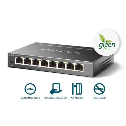 TP-Link switch TL-SG108E 8-Port Gigabit Easy Smart Switch, 8 x 10/100/1000Mbps RJ45 ports, MTU/Port/Tag-based VLAN