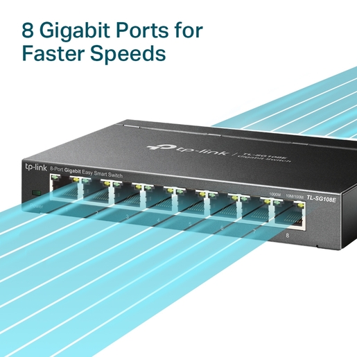 TP-Link switch TL-SG108E 8-Port Gigabit Easy Smart Switch, 8 x 10/100/1000Mbps RJ45 ports, MTU/Port/Tag-based VLAN