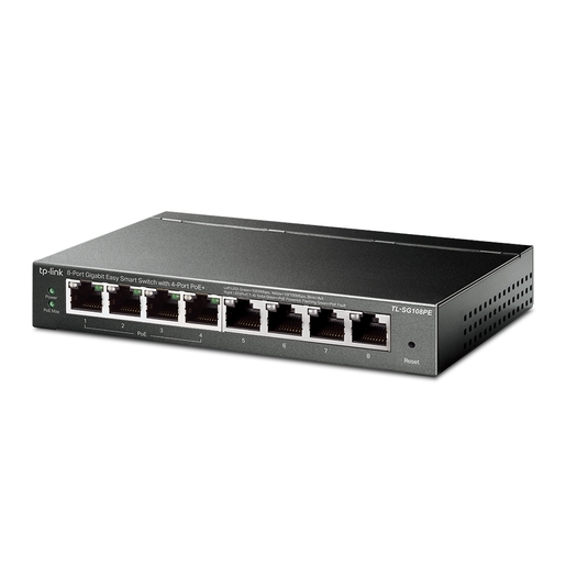 TP-Link switch TL-SG108PE 8-Port Gigabit Desktop PoE+ Easy Smart Switch, 8 Gigabit RJ45 ports including 4 PoE+ ports