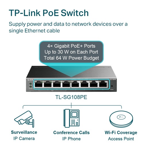TP-Link switch TL-SG108PE 8-Port Gigabit Desktop PoE+ Easy Smart Switch, 8 Gigabit RJ45 ports including 4 PoE+ ports