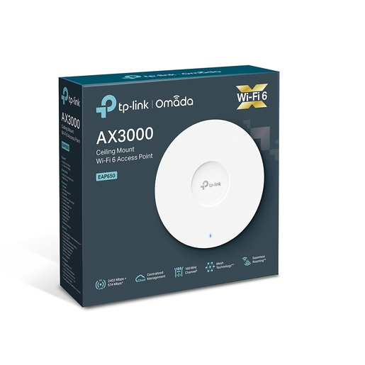 TP-Link EAP650 AX3000 Ceiling Mount Dual-Band Wi-Fi 6 Access Point,1×1Gbps RJ45 Port,574Mbps at 2.4 GHz + 2402 Mbps at 5 GHz,802.3at POE and 12V DC,2×Internal Antennas
