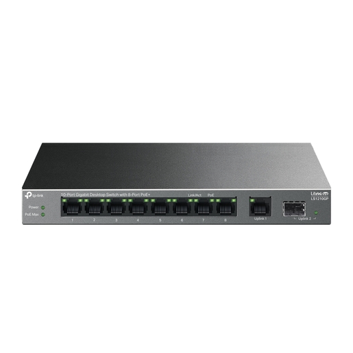 TP-Link LS1210GP 10-Port Gigabit Desktop Switch with 8-Port PoE+, 8× Gigabit PoE+ Ports, 1x Gigabit Non-PoE Port, 1× Gigabit SFP Slot