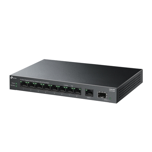 TP-Link LS1210GP 10-Port Gigabit Desktop Switch with 8-Port PoE+, 8× Gigabit PoE+ Ports, 1x Gigabit Non-PoE Port, 1× Gigabit SFP Slot