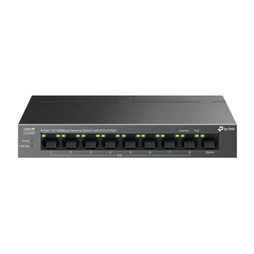 TP-Link LS109P 9-Port 10/100 Mbps Desktop Switch with 8-Port PoE+, 8× 10/100 Mbps PoE+ Ports, 1× 10/100 Mbps Non-PoE Port