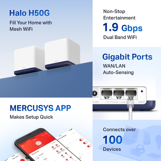 Mercusys Halo H50G (2-Pack) AC1900 Whole Home Mesh Wi-Fi System, 600 Mbps at 2.4 GHz + 1300 Mbps at 5 GHz, 3× Internal Antennas