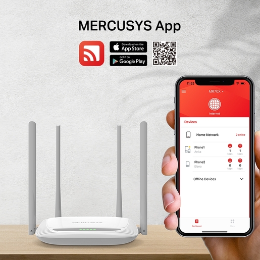 Mercusys 300Mbps Enhanced Wireless N Router, 4x10/100Mbps LAN ports, 1x10/100Mbps WAN port, 4 x 5dBi fixed omni directional antennas