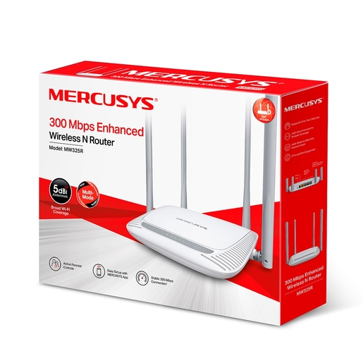 Mercusys 300Mbps Enhanced Wireless N Router, 4x10/100Mbps LAN ports, 1x10/100Mbps WAN port, 4 x 5dBi fixed omni directional antennas