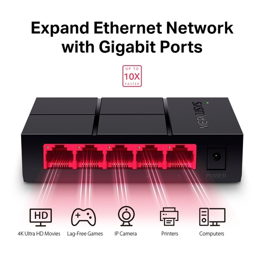 Mercusys MS105G 5-Port 10/100/1000 Mbps Desktop Switch, 5 x 10/100/1000 Mbps RJ-45 ports