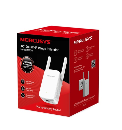 Mercusys ME30 AC1200 Wi-Fi Range Extender, 300 Mbps at 2.4 GHz + 867 Mbps at 5 GHz, 1 x 10/100 LAN, 2× Fixed External Antennas