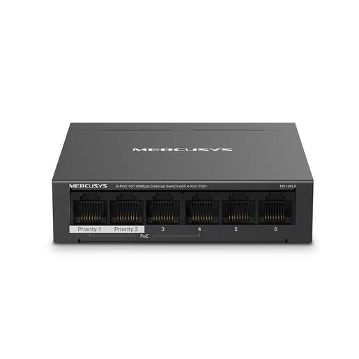 Mercusys MS106LP 6-Port 10/100 Mbps Desktop Switch with 4-Port PoE+, Compatible with 802.3af/at PDs, 40 W PoE Power