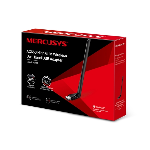 Mercusys MU6H AC650 High Gain Wireless Dual Band USB Adapter, 433Mbps at 5GHz + 200Mbps at 2.4GHz
