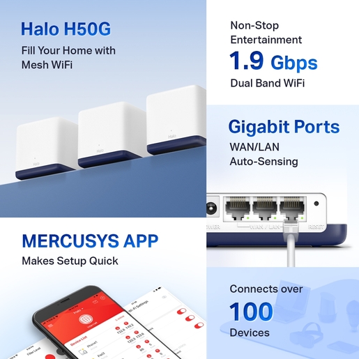 Mercusys Halo H50G(3-pack) 1900Mbps Whole Home Mesh Wi-Fi System,600Mbps at 2.4GHz,1300Mbps at 5GHz,3 Gigabit Ports,2 internal antennas