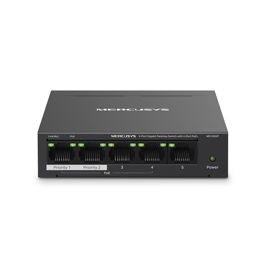 Mercusys MS105GP 5-Port Gigabit Desktop Switch with 4-Port PoE+, 4×Gigabit PoE+ Ports, 1×Gigabit Non-PoE Port