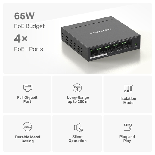 Mercusys MS105GP 5-Port Gigabit Desktop Switch with 4-Port PoE+, 4×Gigabit PoE+ Ports, 1×Gigabit Non-PoE Port