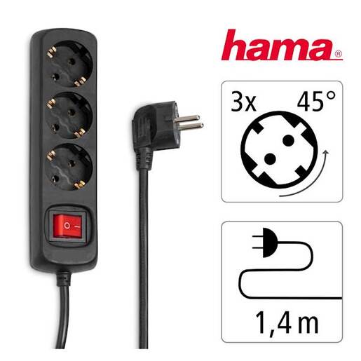 HAMA produžni kabl, 122629,  3 utičnice, crni: 1.4m