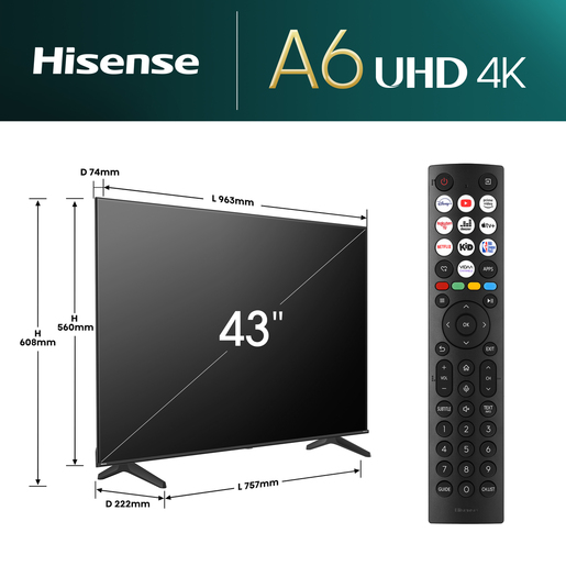 Hisense LED televizor 43A6N, 4K Ultra HD, Smart TV, VIDAA Smart OS, Direct Full Array, DTS Virtual X, Dolby Vision HDR **MODEL 2024**