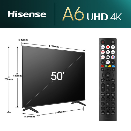 Hisense LED televizor 50A6N, 4K Ultra HD, Smart TV, VIDAA Smart OS, Direct Full Array, DTS Virtual X, Dolby Vision HDR **MODEL 2024**