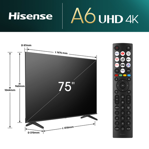 Hisense LED televizor 75A6N, 4K Ultra HD, Smart TV, VIDAA Smart OS, Direct Full Array, DTS Virtual X, Dolby Vision HDR **MODEL 2024**