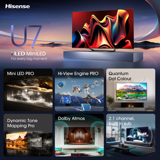 Hisense ULED Mini LED televizor 65U7NQ, 4K Ultra HD, Smart TV, VIDAA U7.6, Quantum Dot Colour, 144Hz Game Mode Pro, Mini-LED Full Array Local Dimming, Crni   **MODEL 2024**