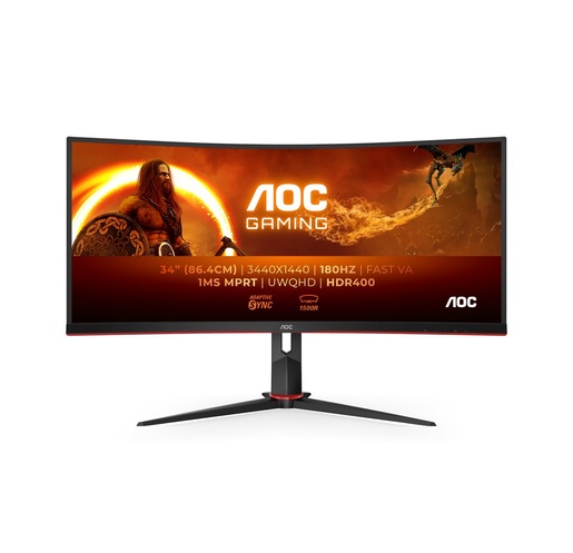 AOC monitor CU34G2XP gaming zakrivljeni, 34, WQHD, VA, 430 cd/m2, HDR400, AMD FreeSync Premium, HDMI, DP, 180Hz, 1ms