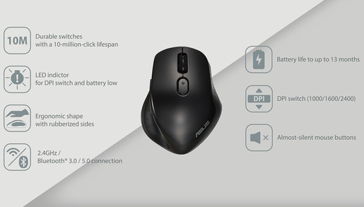 ASUS miš MW203 Multi-Device, tihi, bežični, crni