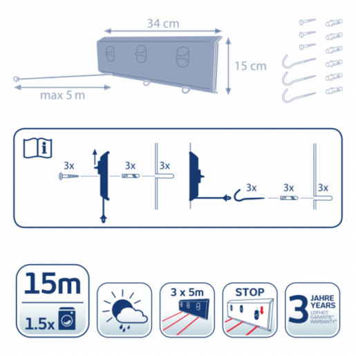 LEIFHEIT Sušilo za veš 15m bijelo zidno Rollfix 150 Triple Longline