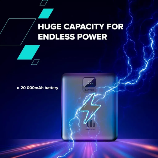 Canyon powerbank 20000mAh, 100W, PB-2008, Dark Gray