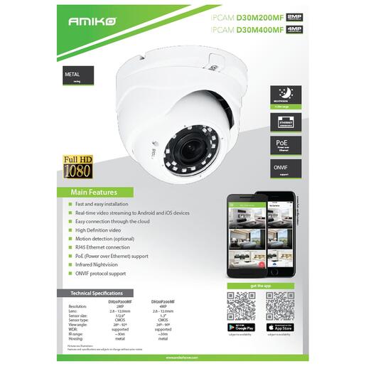 Amiko Home Kamera IP 4 MP, PoE, 1/3" , HD Lens Motorized 2,8 - 12mm - D30M400MF ZOOM POE