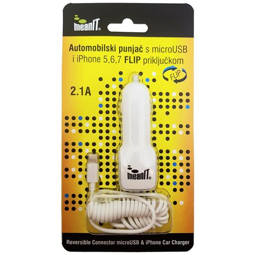 Meanit Auto punjač za smartphone/iPHONE, 2.1A, FLIP konektor  - AUTO PUNJAČ SMARTPHONE/iPHONE