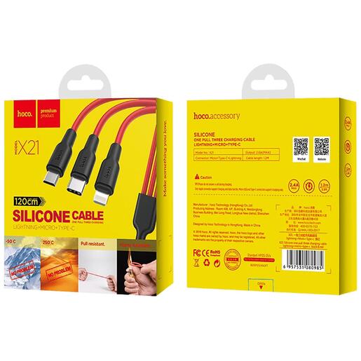hoco. USB kabel, 3in1, microUSB, type C, Lightning, 1.2 met., 2 A - X21 Silicone 3in1, Black/Red