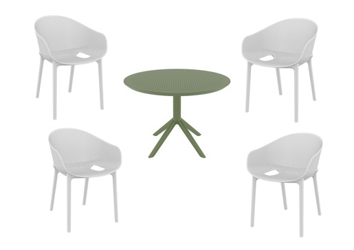 SIESTA vrtni set - 4 Sky pro stolice + Sky stol Ø 105 - bijela/maslinasto zelena