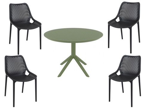 SIESTA vrtni set - 4 Air stolice + Sky stol Ø 105 - crna/maslinasto zelena