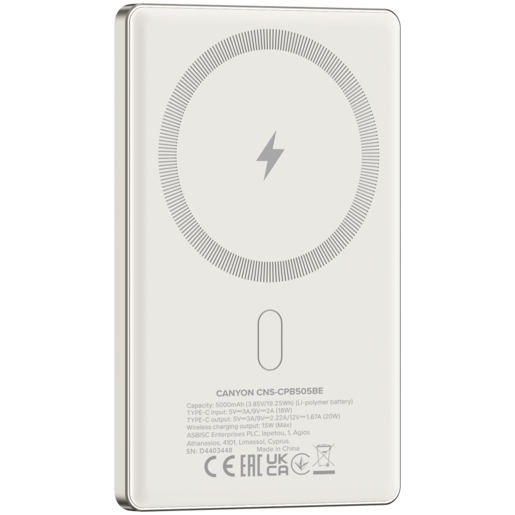 CANYON prenosna baterija OnPower 505 slim Magnetic 5000 mAh PD20W bež