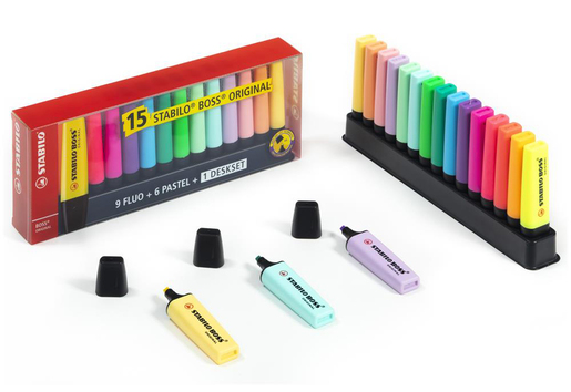 STABILO BOSS ORIGINAL Set markera 15/1 sa stonim postoljem – fluorescentne i pastelne boje