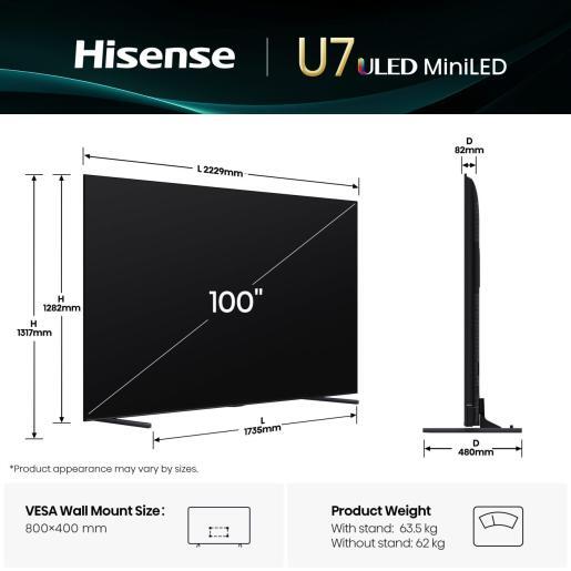 Hisense ULED Mini-LED televizor 100U7Q, 4K Ultra HD, VIDAA Smart TV, 165Hz Game Mode Ultra, Dolby Vision IQ, Dolby Atmos