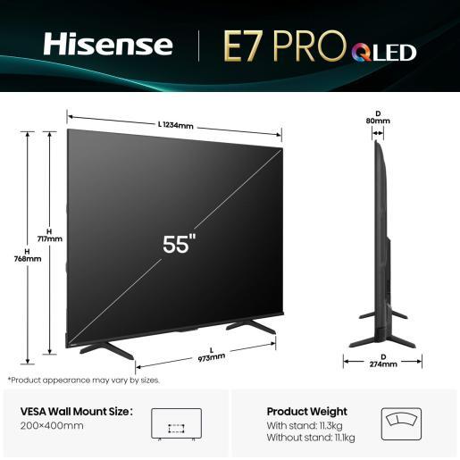 Hisense QLED televizor 55E7Q PRO, 4K Ultra HD, Smart TV, VIDAA U8.5 Smart OS, 144Hz VRR,Dolby Atmos, DTS Virtual X decoding