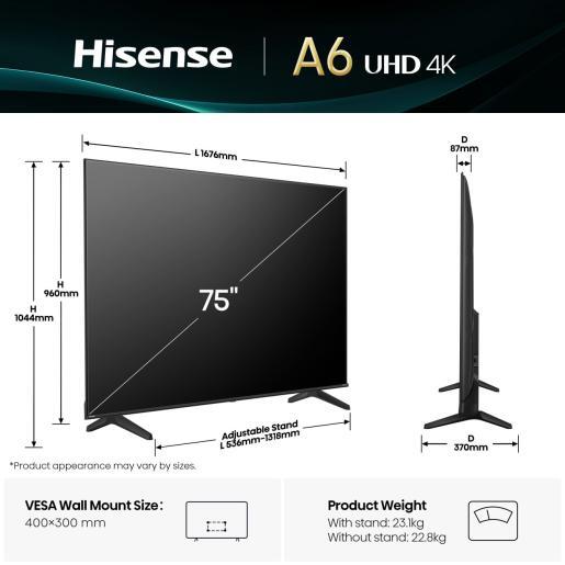 Hisense LED televizor 75A6Q, 4K Ultra HD, Smart TV, VIDAA Smart OS, Dolby Vision, Game Mode PLUS, Crni